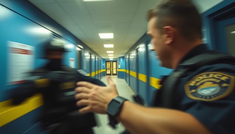 Dynamic police encounter scene in a hallway, focus on safety