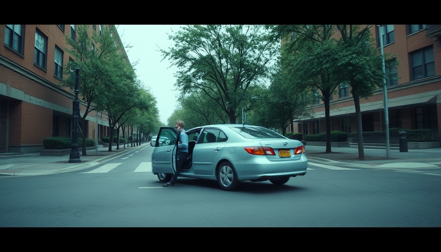 Urban scene of person exiting light blue car on street, overcast day.