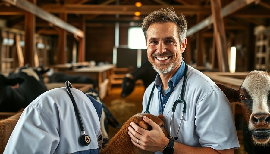 Veterinarian caring for animals in barn, future of veterinary practice.