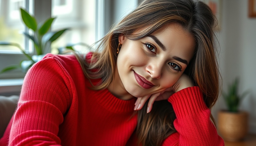 Casual woman in red sweater, photorealistic indoor portrait.