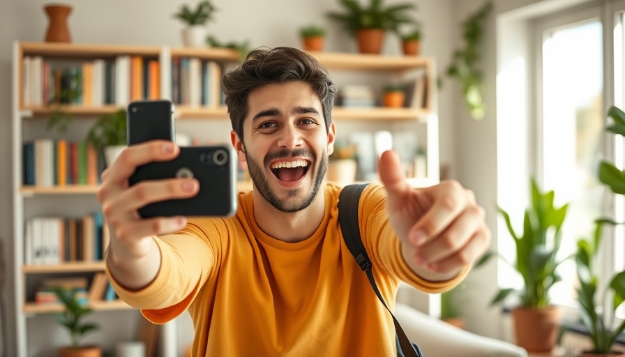 Young adult filming video content for social media with a ring light.