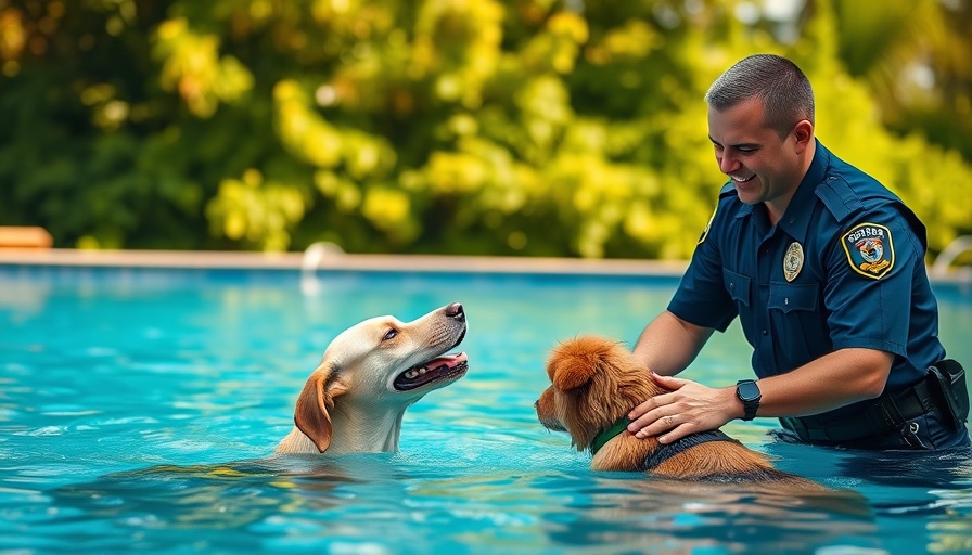 Police officer aids dog in pool, showcasing police community engagement.