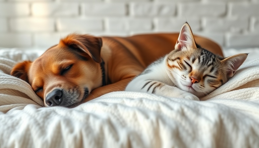 Sleepy dog and relaxed cat on a white blanket.