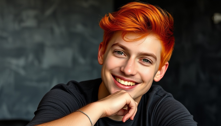 Smiling man with red hair and tattoos relaxing indoors.