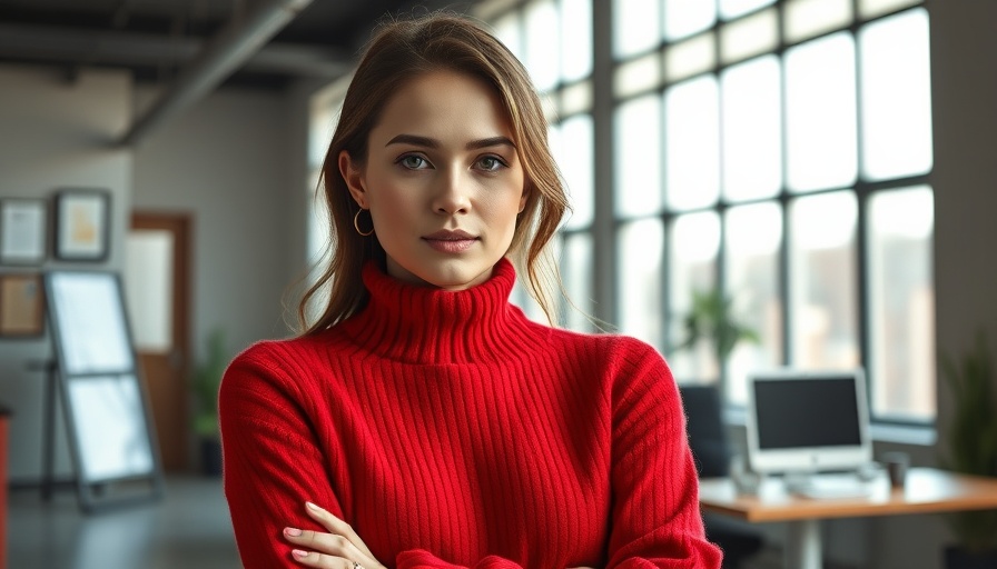 Stylish woman indoors in red sweater, relaxed pose, modern interior.