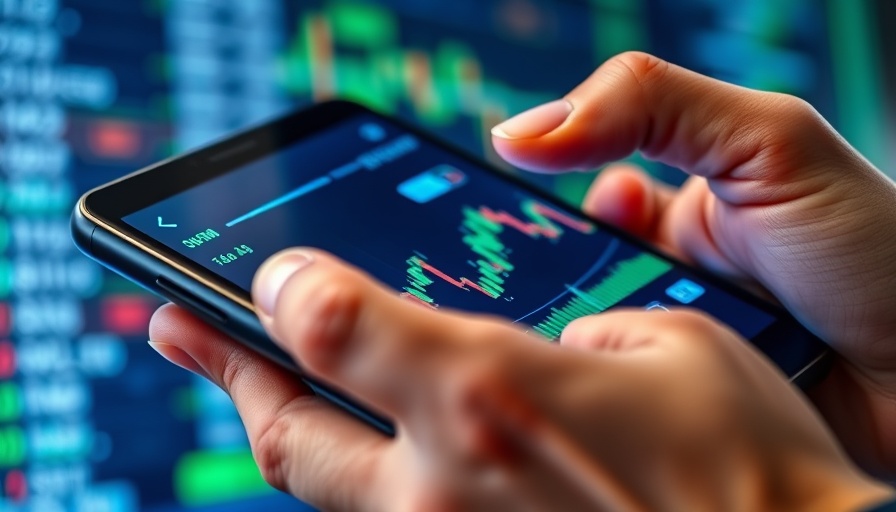 Hand analyzing stock data on a smartphone, Retailers Navigating Tariffs concept.