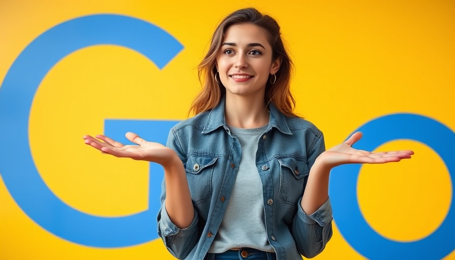 Casual expression in front of Google logo, vibrant yellow.