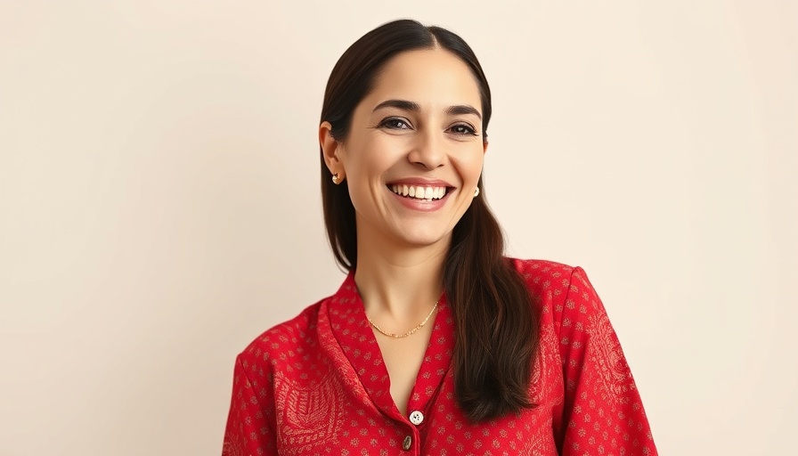 Confident woman smiling in red blouse, light background.