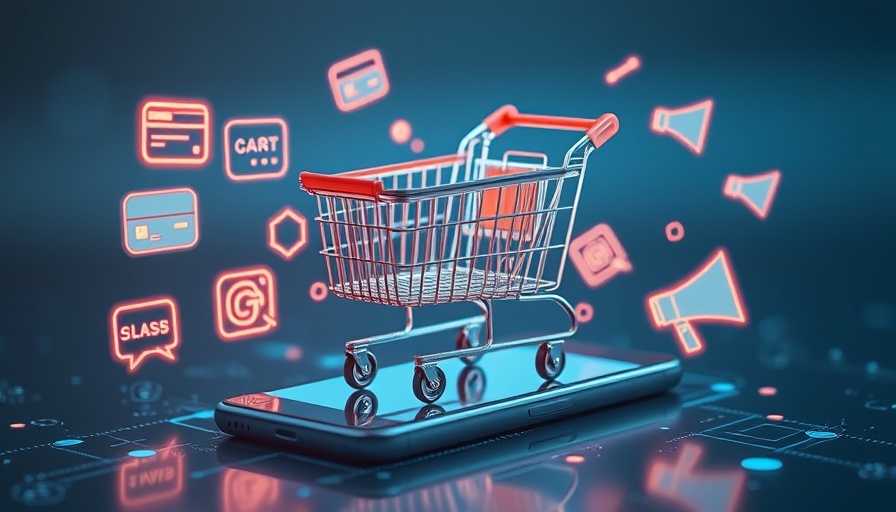 Futuristic shopping cart and smartphone concept with glowing icons. IndexNow for AI Search and Shopping SEO.
