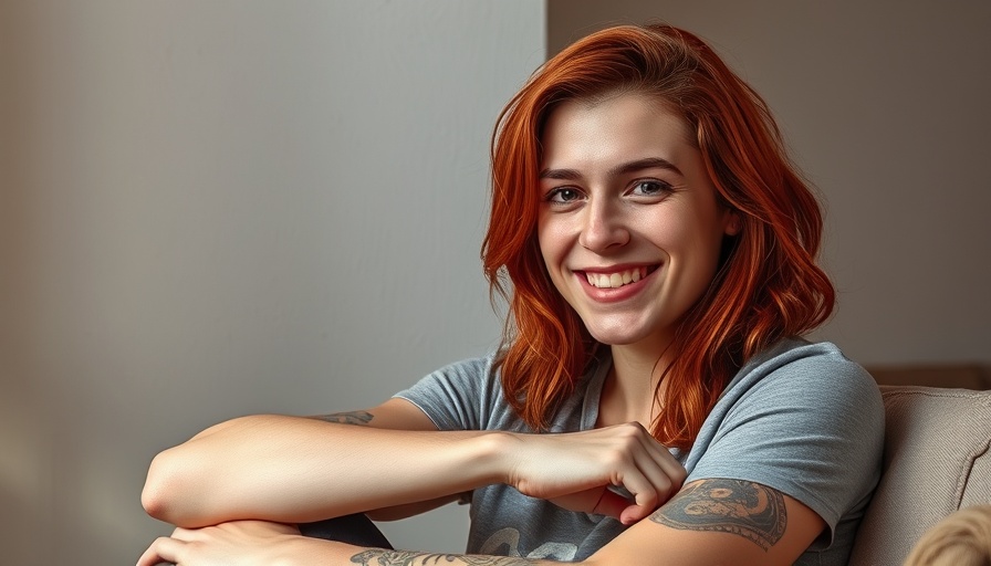 Casual portrait of a red-haired smiling individual, textured wall background.