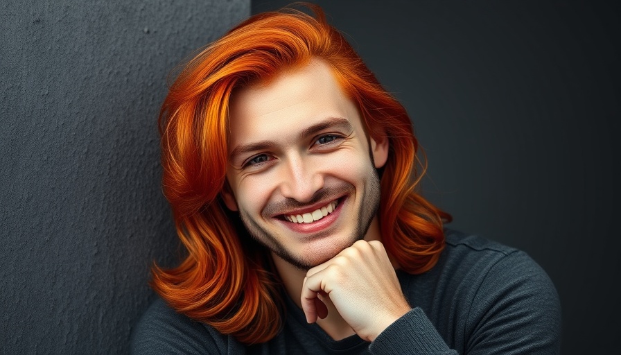 Person with red hair smiling relaxed against a gray wall.