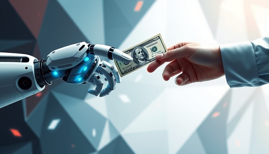 AI costs for veterinary clinics concept with robotic and human hands exchanging money.