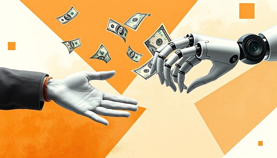 AI costs for businesses symbolized by robotic and human hands exchanging money.