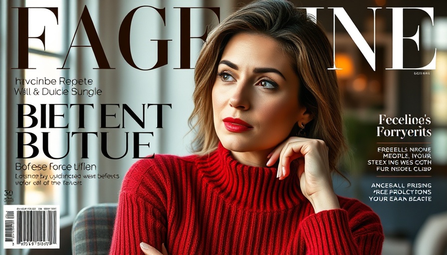 Magazine cover with confident woman in red sweater, design an online store in seconds.
