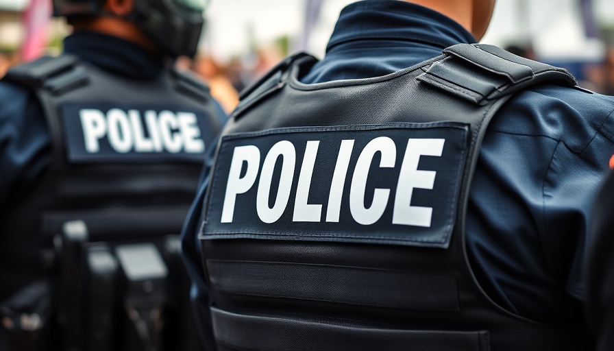Police officer's vest with bold text at event, policing strategies context.