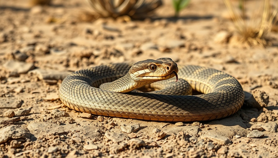 Rattlesnake coiled on desert ground, flicking tongue, photorealistic.