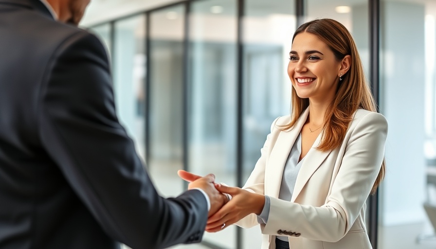 Smiling woman in office handshake, representing veterinary recruitment resources.