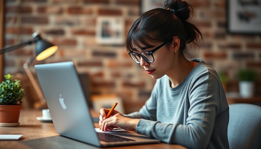 Young woman writing notes on laptop in cozy home office.