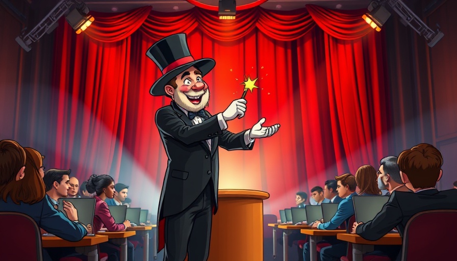 Cartoon magician performs for business audience, customer service theme.
