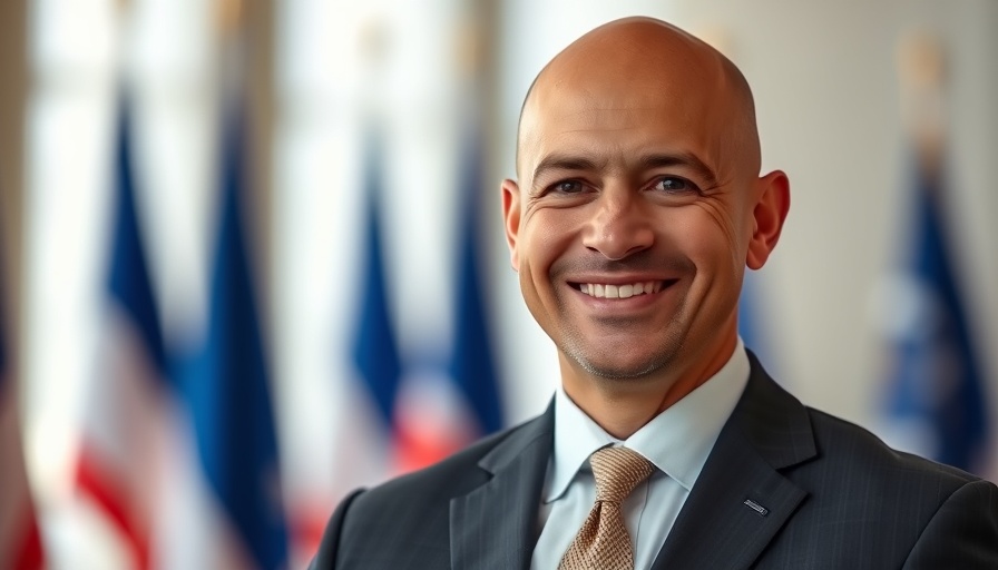 Smiling bald man in suit, flags blurred in background.