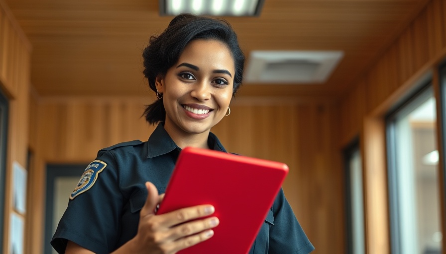 Corrections officer holding tablet in U.S. office setting.