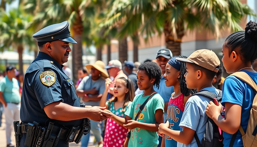Community police event with children and officer, acts of kindness in community engagement.