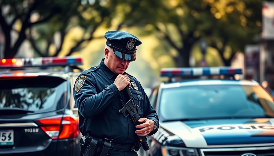 Focused police officer adjusts gear beside patrol car in urban setting.