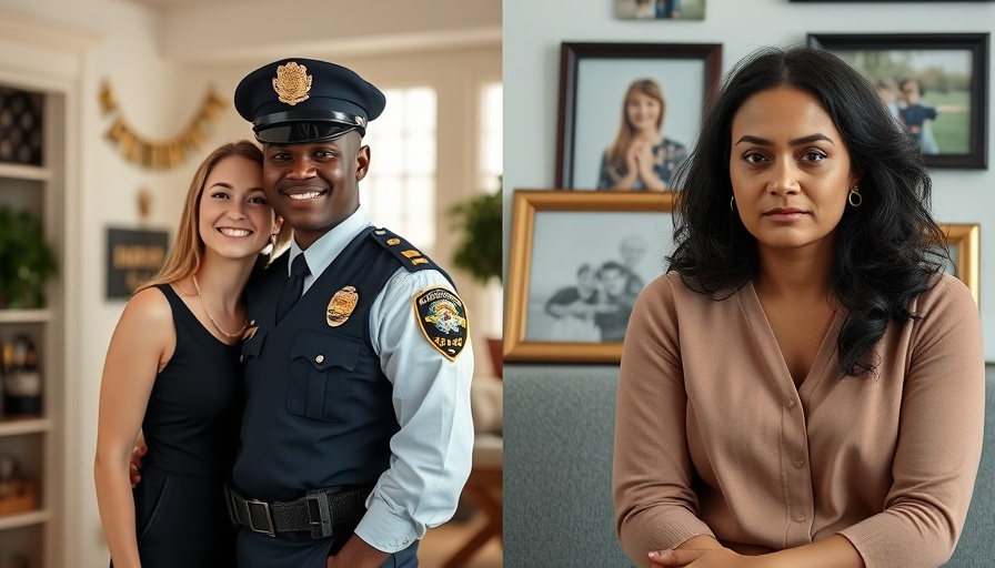Split image of law enforcement officer and woman with family photos.