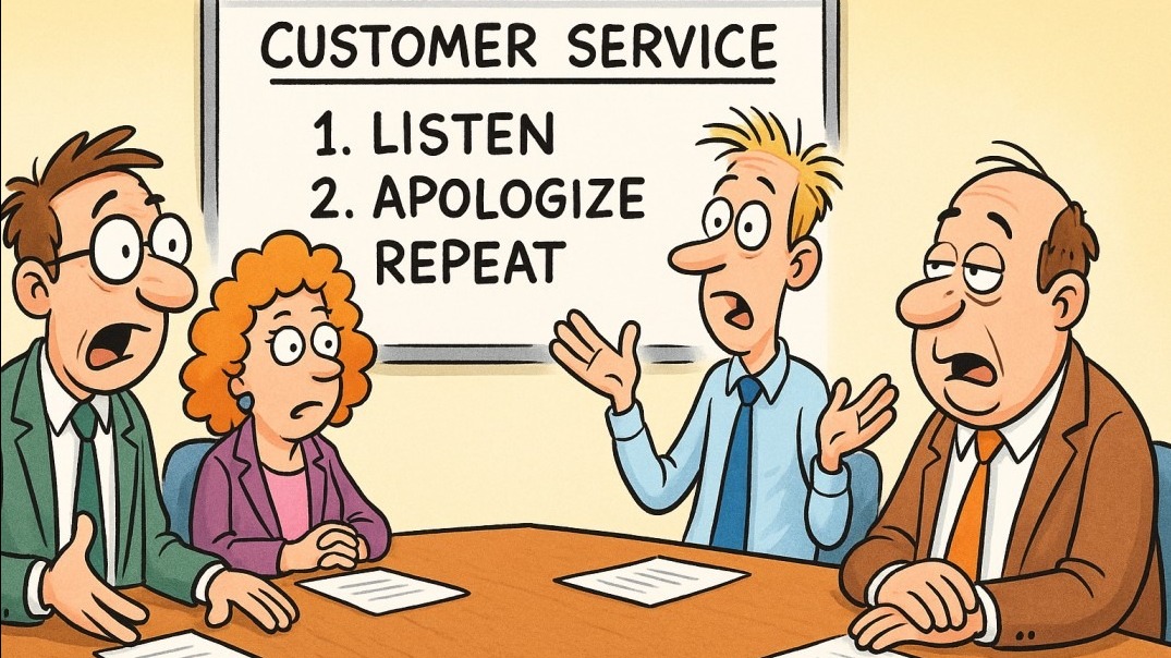 Cartoon of office meeting discussing customer service in law enforcement.