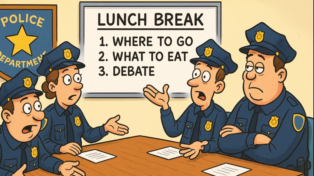 Cartoon police department scene showing Community Policing humor during lunch break.