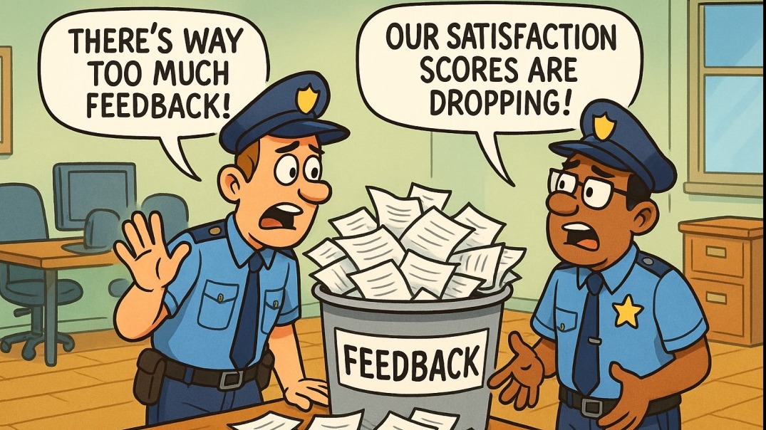 Colorful cartoon of police officers discussing community engagement by a feedback bin.