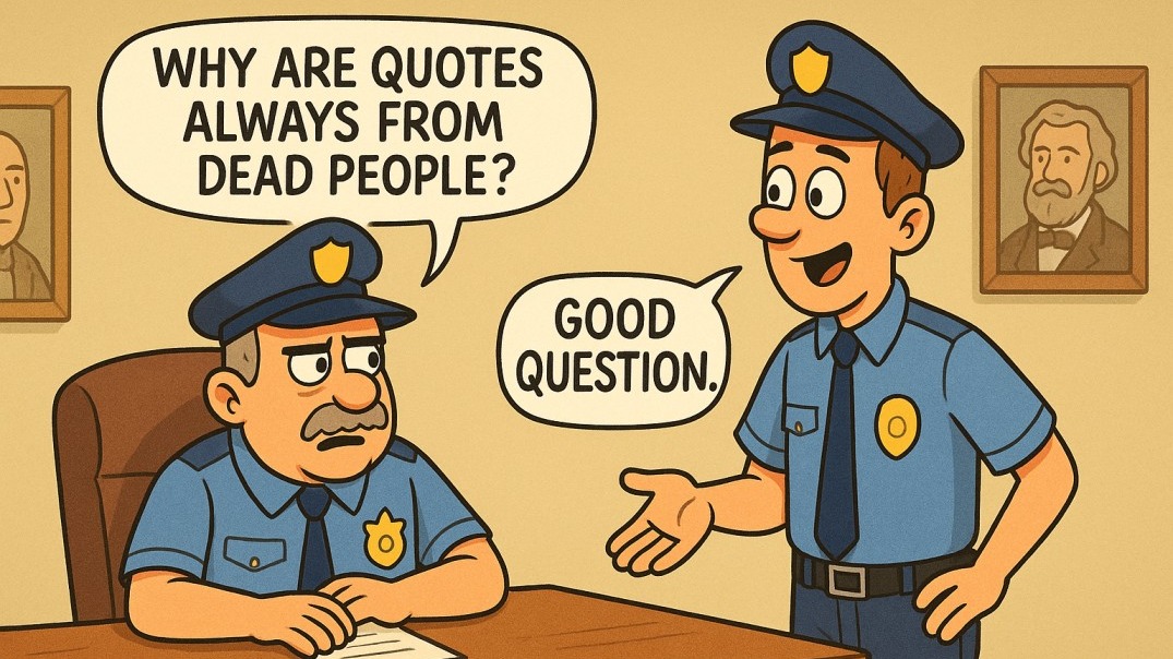 Humorous cartoon of police officers discussing ethics in effective policing strategies.