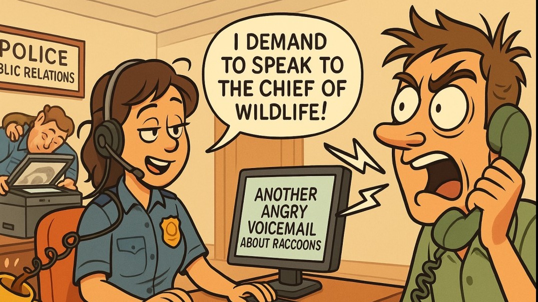 Cartoon of a humorous police department office scene showing a female community relations officer at her desk responding to an angry phone call about raccoons. The screen reads “Another angry voicemail about raccoons” while a male resident yells, “I demand to speak to the Chief of Wildlife!” A second officer photocopies his face in the background. 2D illustration with vibrant colors, clean lines, and exaggerated expressions — depicting police office humor and customer service frustration.