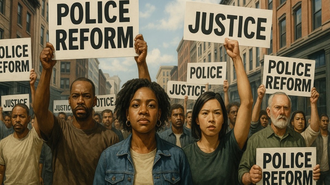 Diverse individuals in urban setting advocate for police reform and community policing.