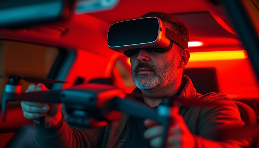 Man operating drone with VR headset under red lighting environment.