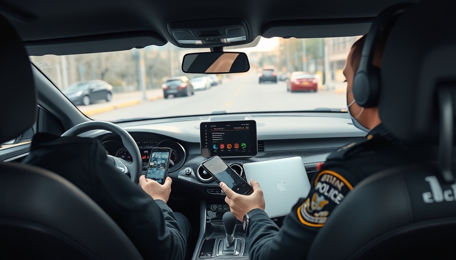 Mobile technology in policing shown inside a police car.