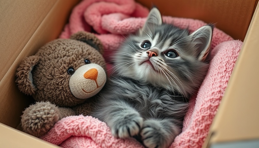 Fluffy kitten beside teddy bear in a box, warm cozy setup.