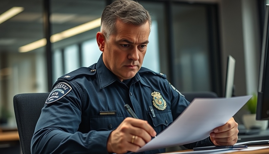 Serious police officer writing detailed report in office for Police Violence Report 2024.