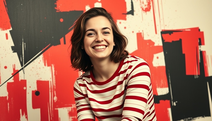 Confident woman in marketing, vibrant abstract background.