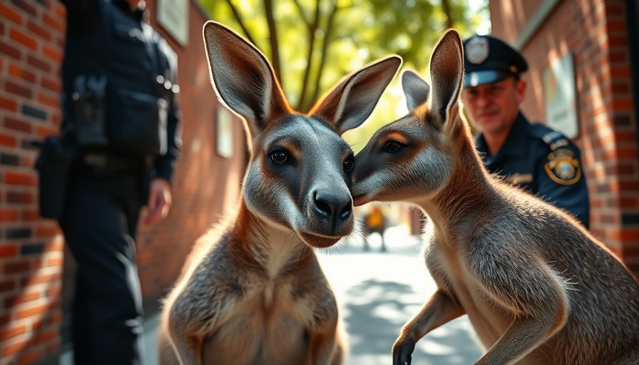 Police officer assisting kangaroo near brick wall highlighting public safety and community relations.