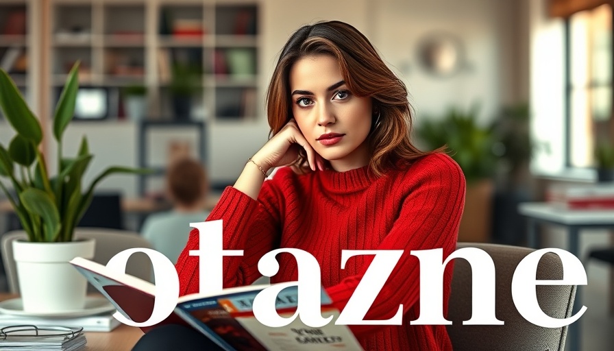 Magazine cover with woman in red sweater, thoughtful pose.