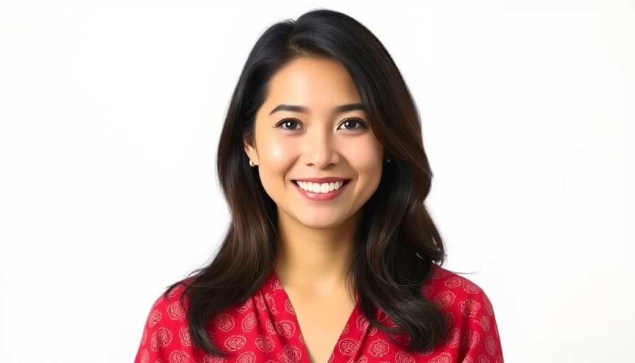 Confident woman smiling in red blouse portrait with neutral background.