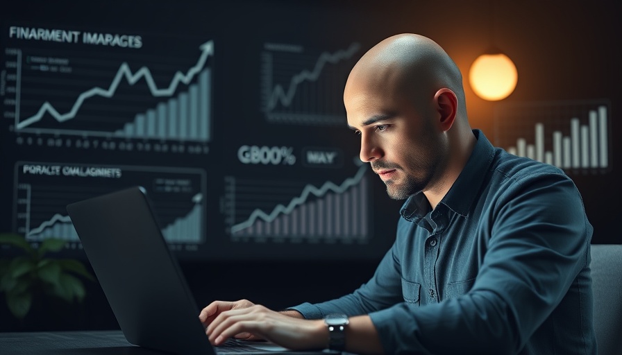 AI business models for MedSpas concept with man typing on laptop, financial growth graphics.