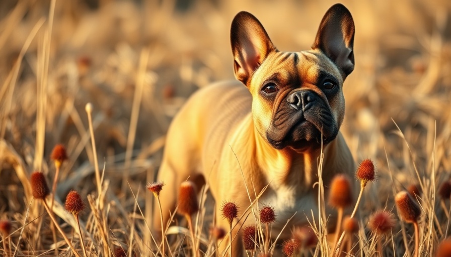 Alert French Bulldog among foxtails, foxtail hazards for pets.
