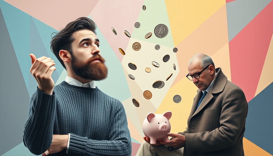 Surreal collage of expressive figures with coins and piggy bank on colorful background.