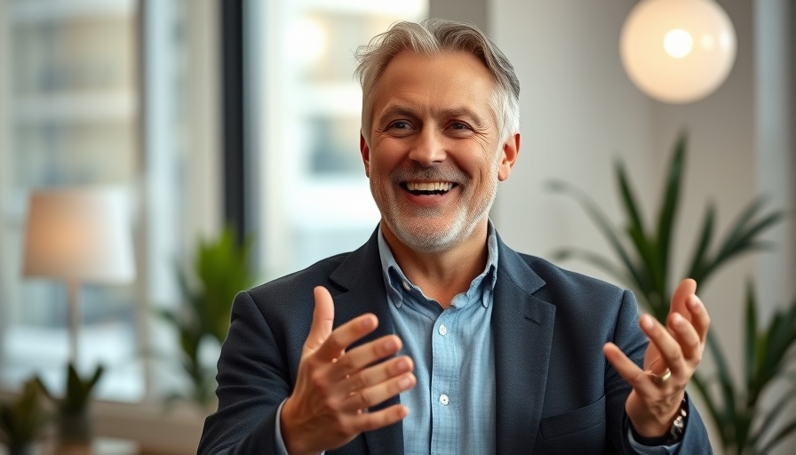 Middle-aged man discussing AI overviews in a relaxed setting.