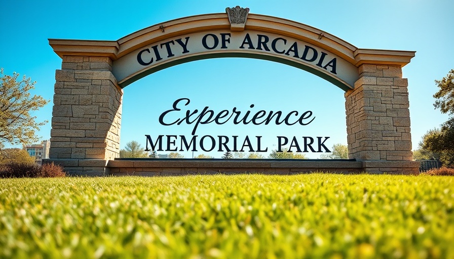 Arcadia memorial park sign under a clear blue sky, law enforcement news.