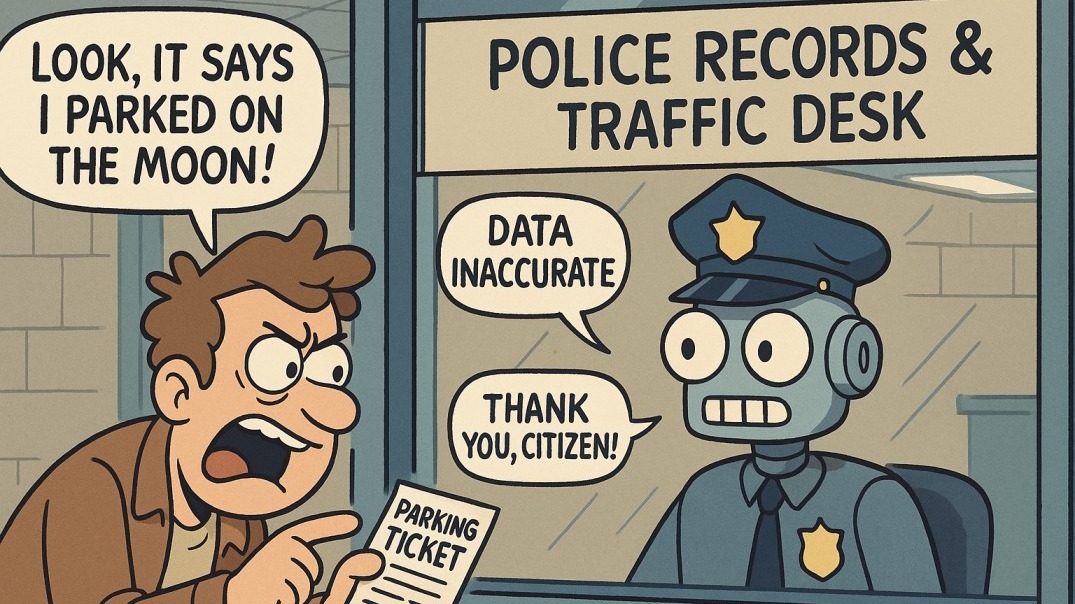 Frustrated citizen with parking ticket talks to a quirky police robot at a service desk.