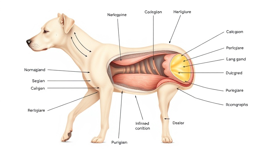 Anatomy of dog anal glands, educational graphic on anal sac management in dogs.