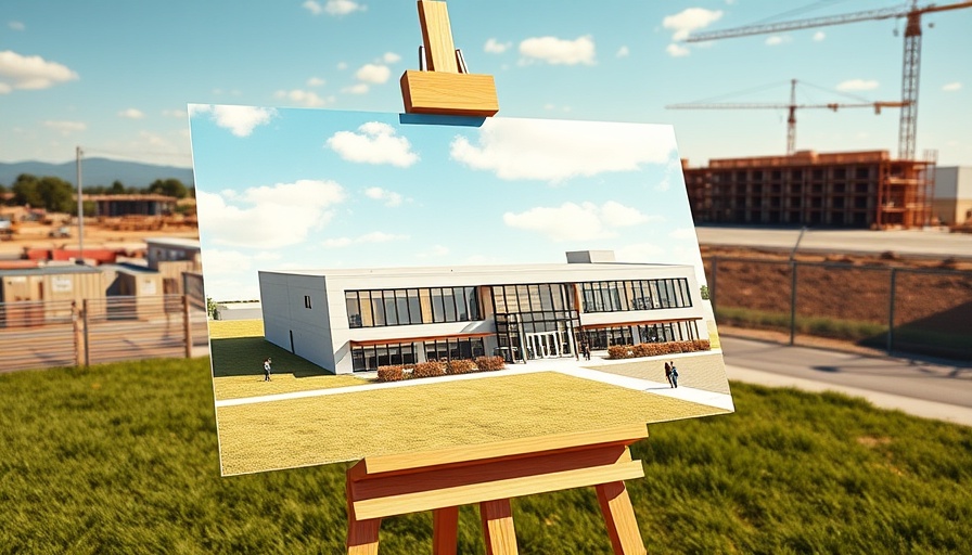 Architectural rendering of new veterinary learning center displayed outdoors on a sunny day.